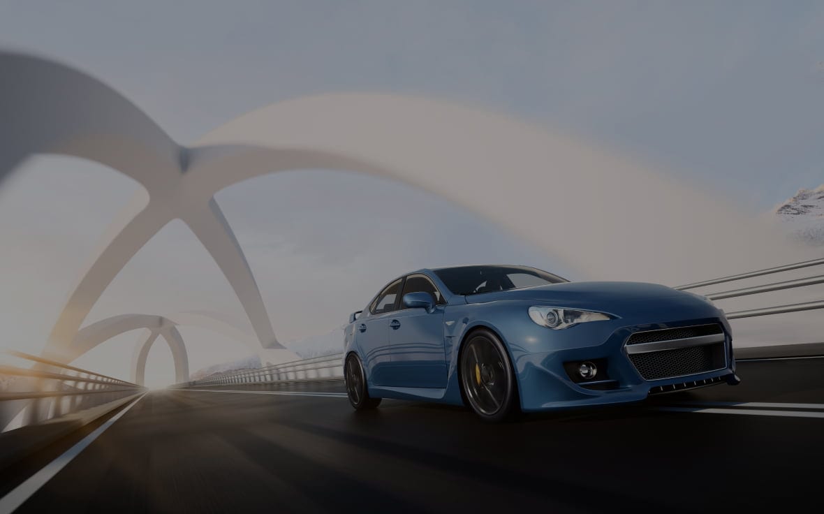 Blue sports car driving on a modern bridge with arch design.