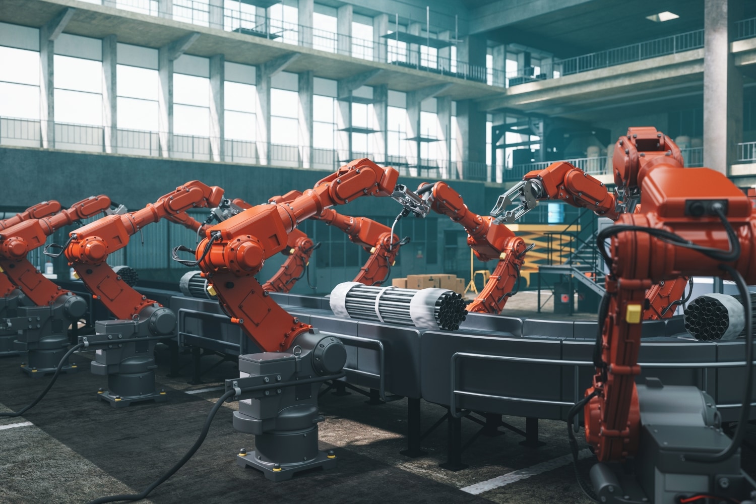  Industrial robots at the automated manufacturing factory assembly line