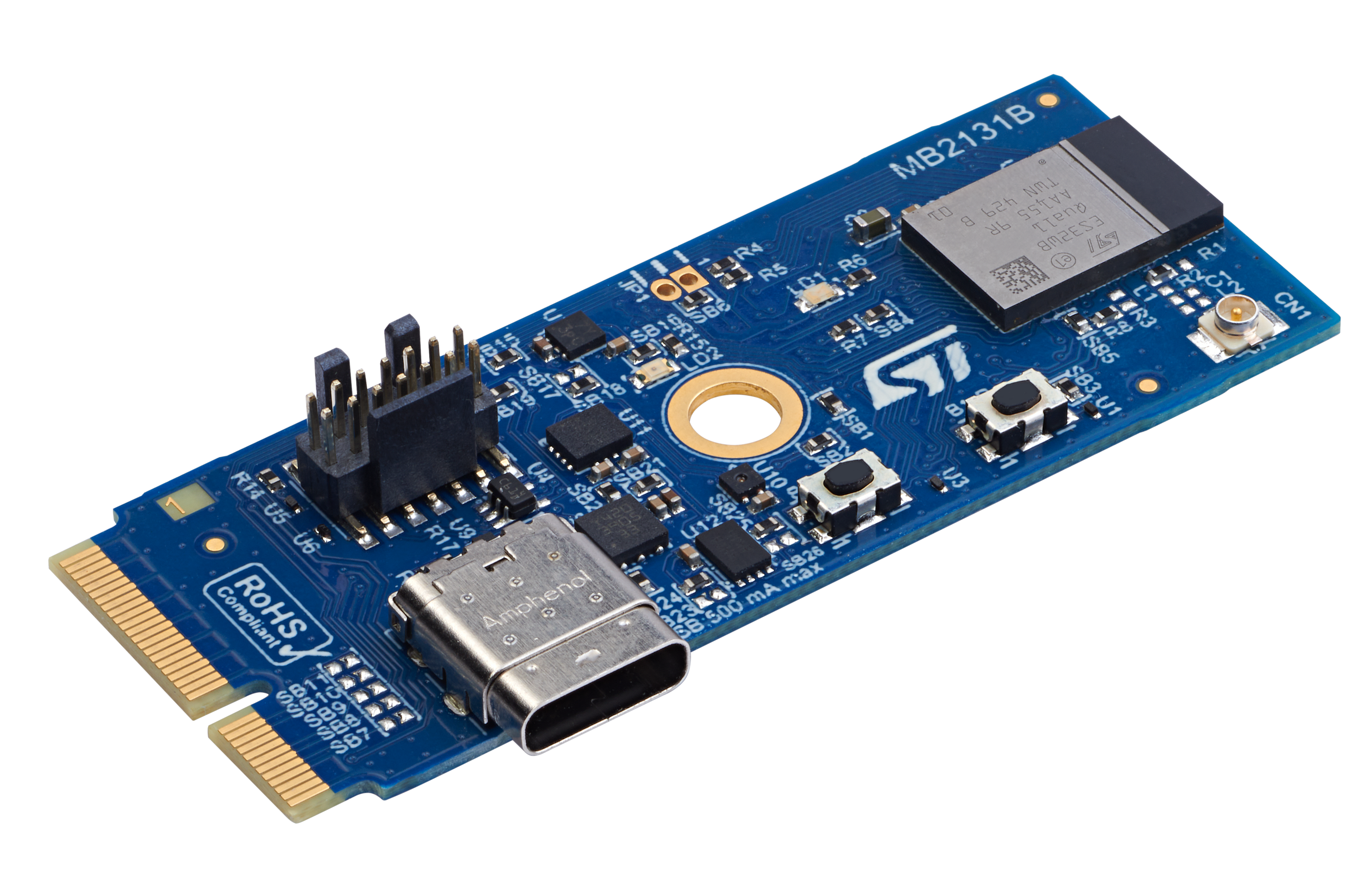 A blue STMicroelectronics circuit board B-WBA5M-WPAN, featuring various electronic components, including connectors, a white module, a set of yellow pins, and a gold circular hole.