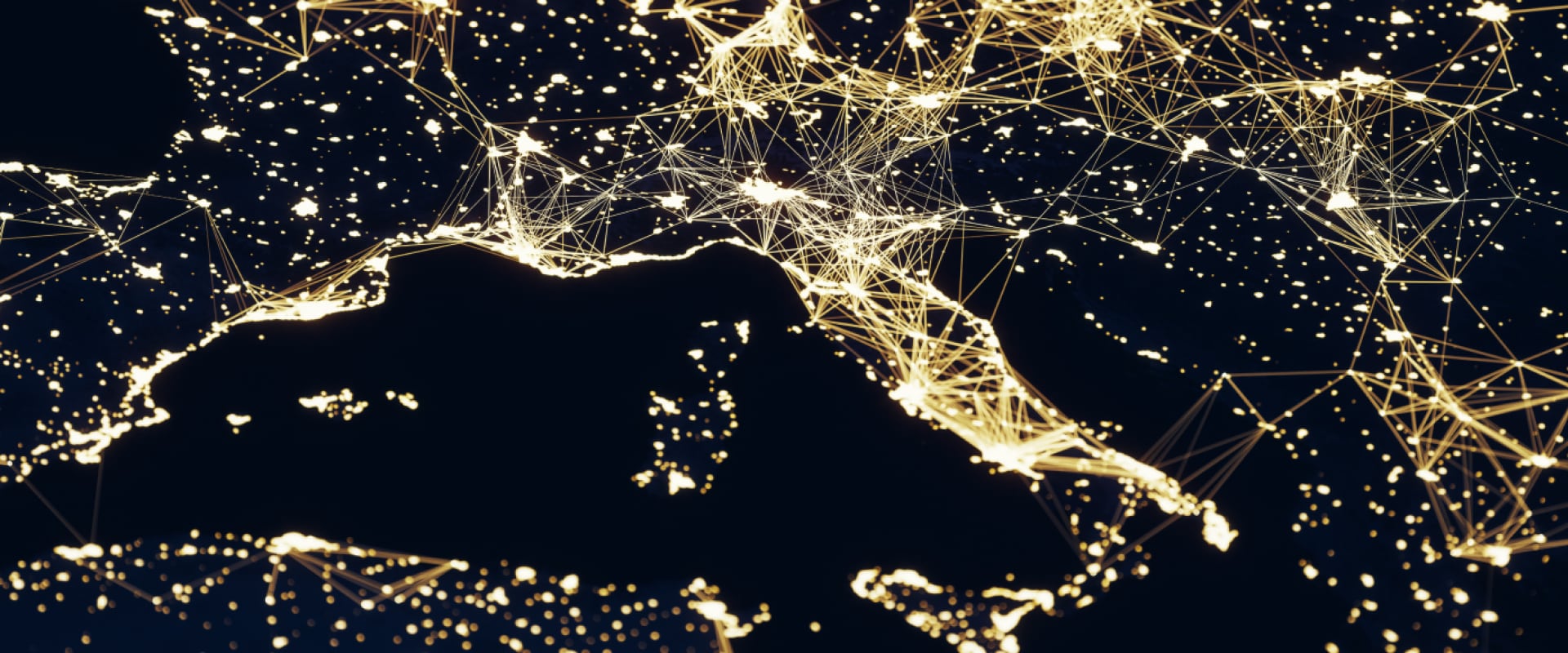 A digital map of Europe showing illuminated network connections