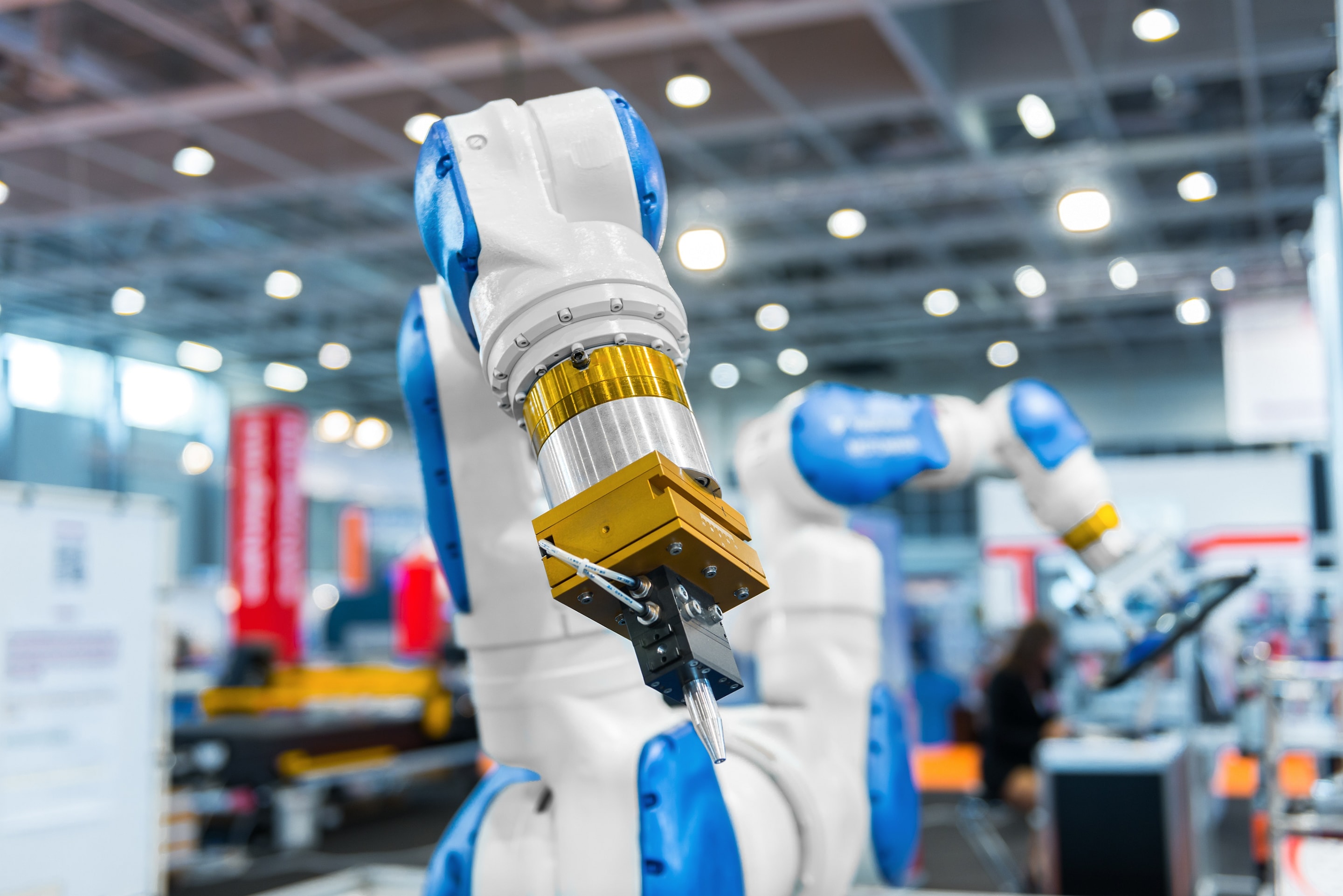  Industrial robots at the automated manufacturing factory assembly line