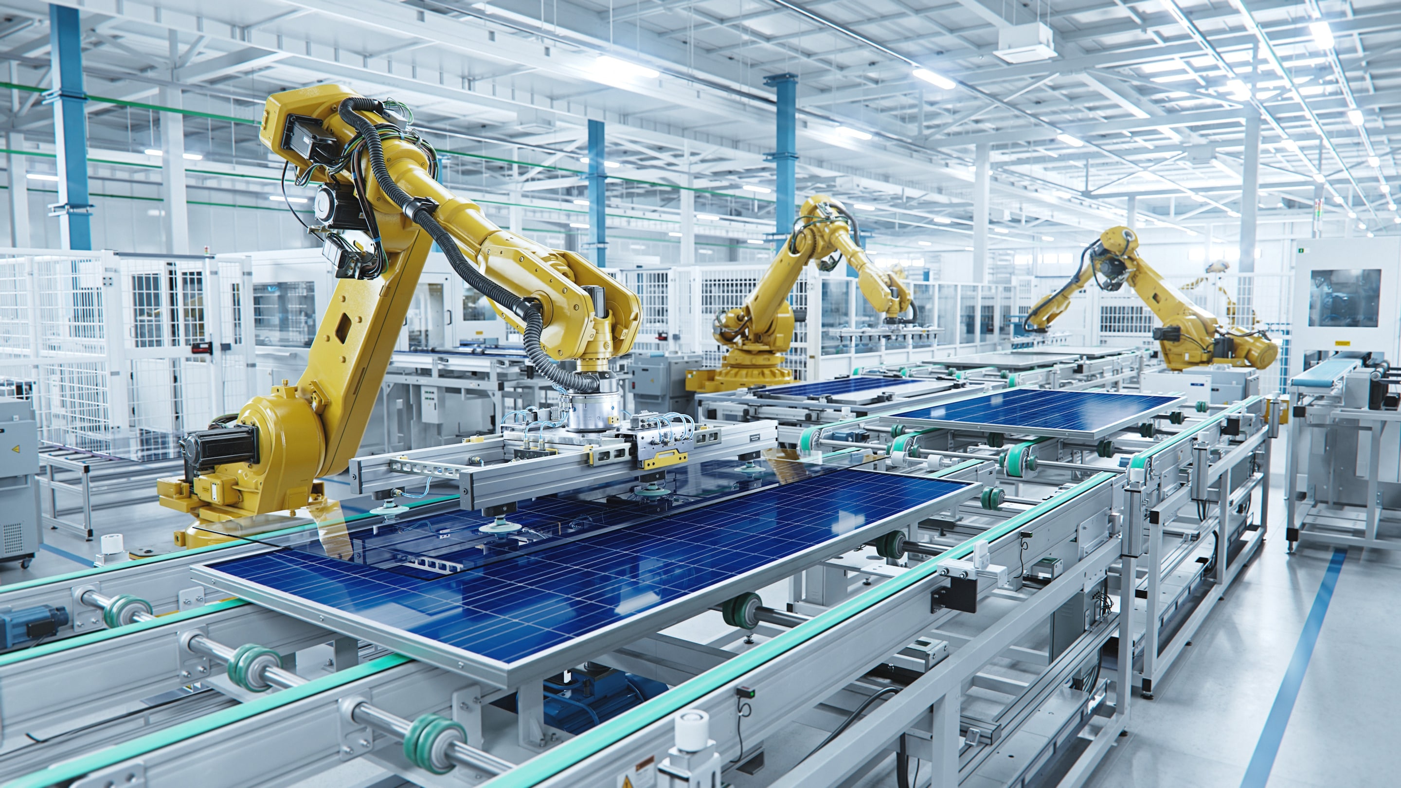  Industrial robots at the automated manufacturing factory assembly line