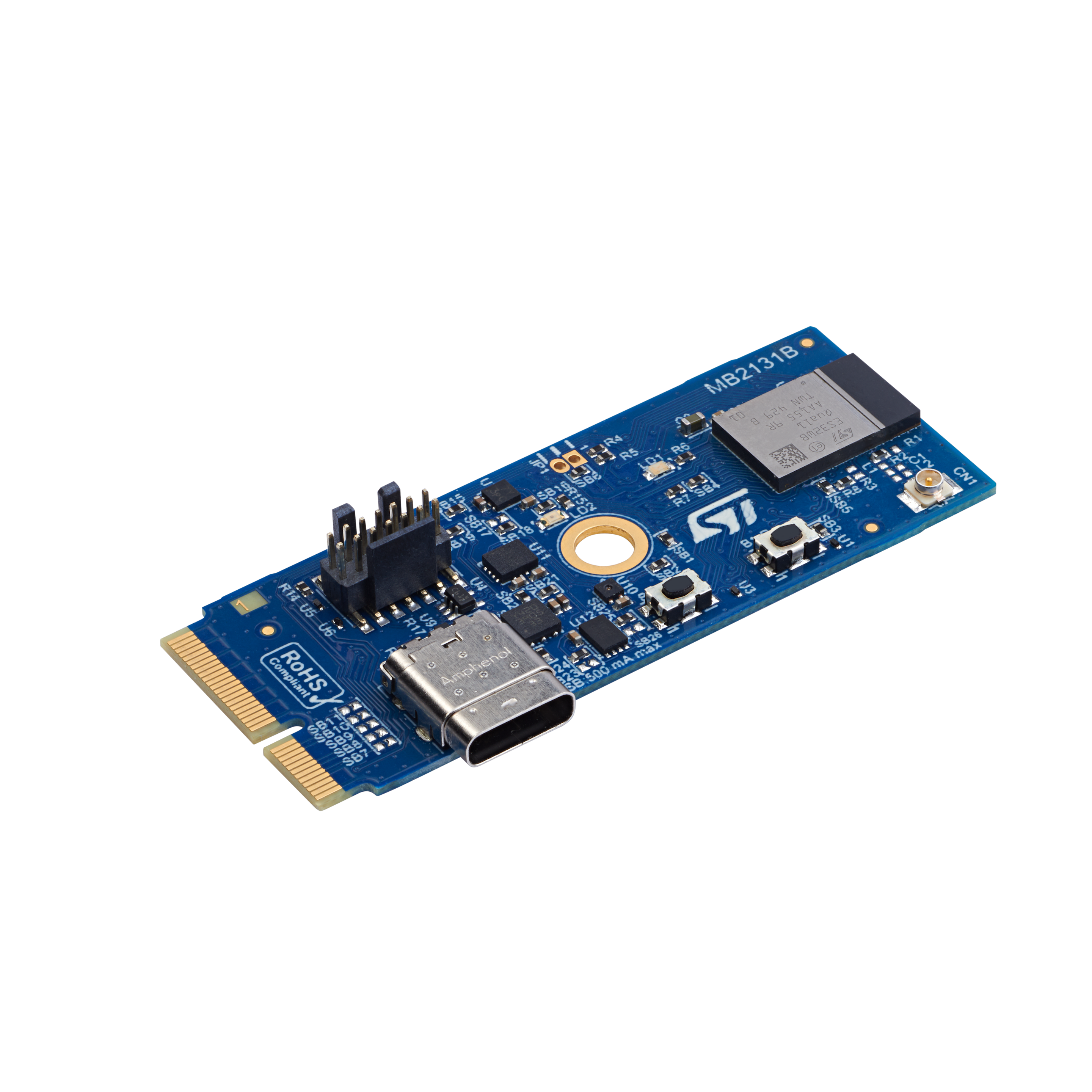 STの青い回路基板B-WBA5M-WPAN。コネクタ、白いモジュール、黄色のピン・セット、金色の円形の穴など、さまざまな電子部品を搭載。